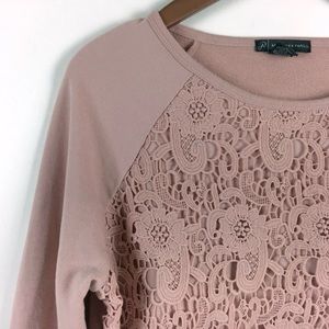 Adrianna Papell sweatshirt sz L crew lace pink soft pastel